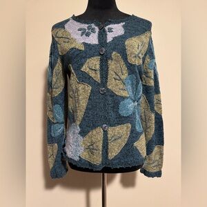 Preloved Sigrid Olsen Sport Blue and Green Floral Knitted Button Up size small